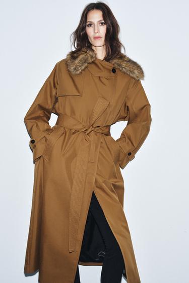 Zara OVERSIZED TRENCH COAT WITH FAUX FUR COLLAR ZW COLLECTION LIMITED EDITION - Caramel