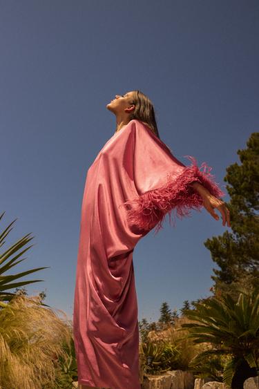 FEATHERED SATIN LONG DRESS - Neon fuchsia by Zara - Image 1