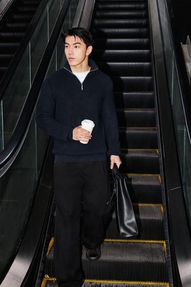 Zara 珠地針織拉鍊領針織衫 - 海藍色