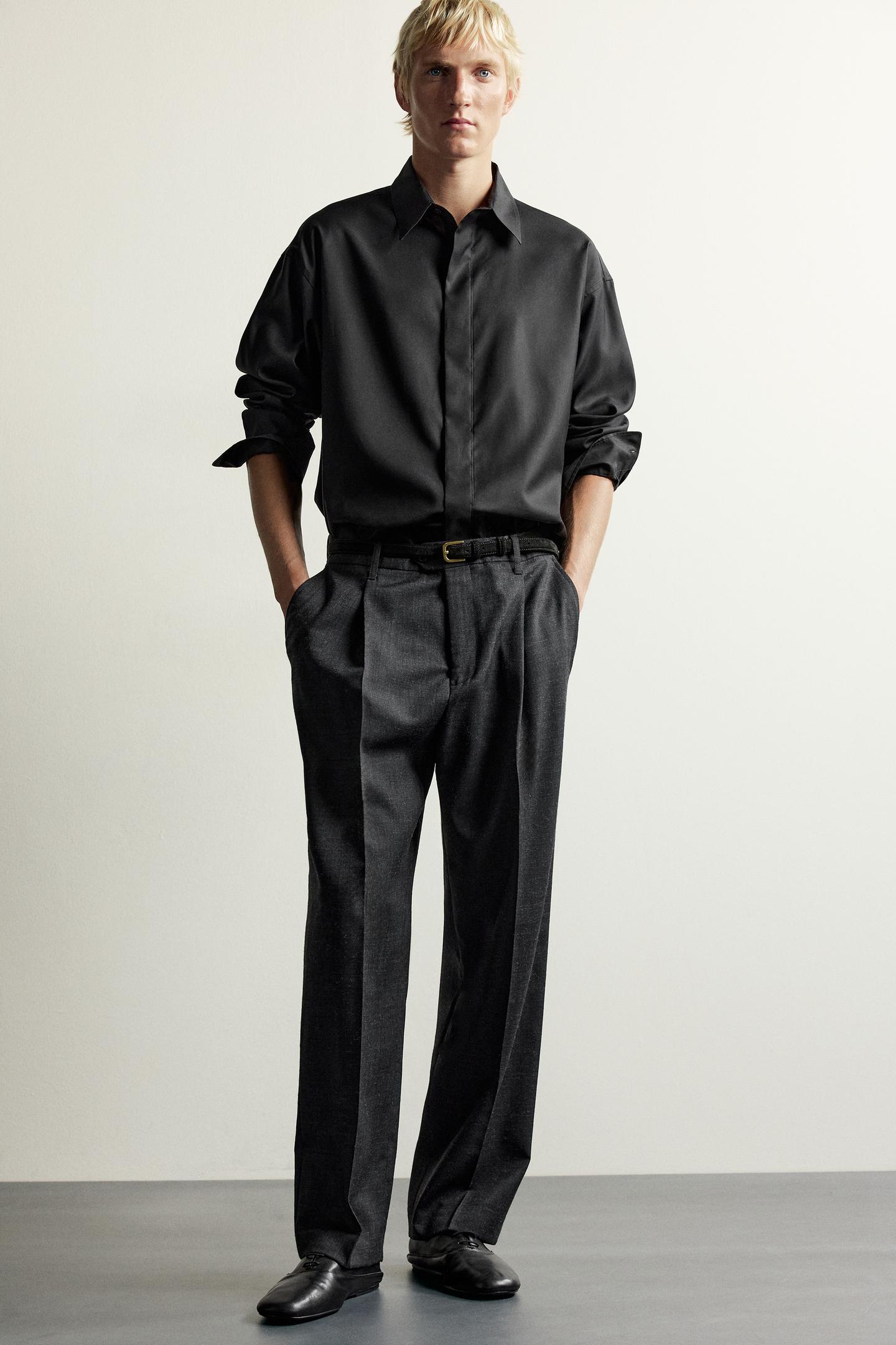 Мужская рубашка Zara Relaxed-Fit Fluid, цвет: Чёрный — фото 7