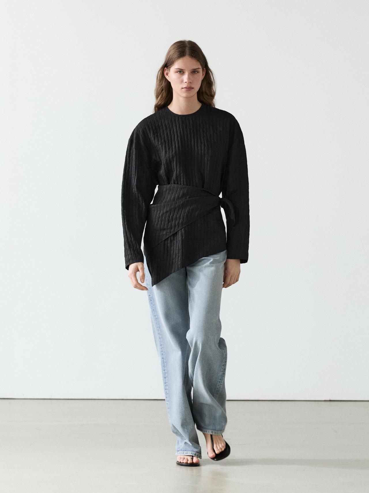 Striped flowing shirt with scarf detail — Black