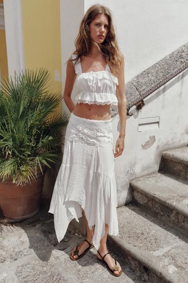 Zara EMBROIDERED EYELET CROP TOP - White - Image 0