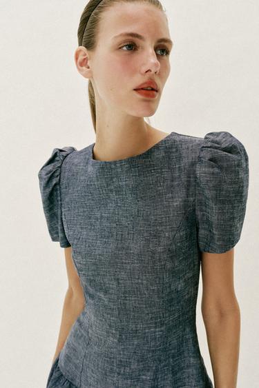 ROBE COURTE À MANCHES BOUFFANTES - Bleu de Zara - Image 5