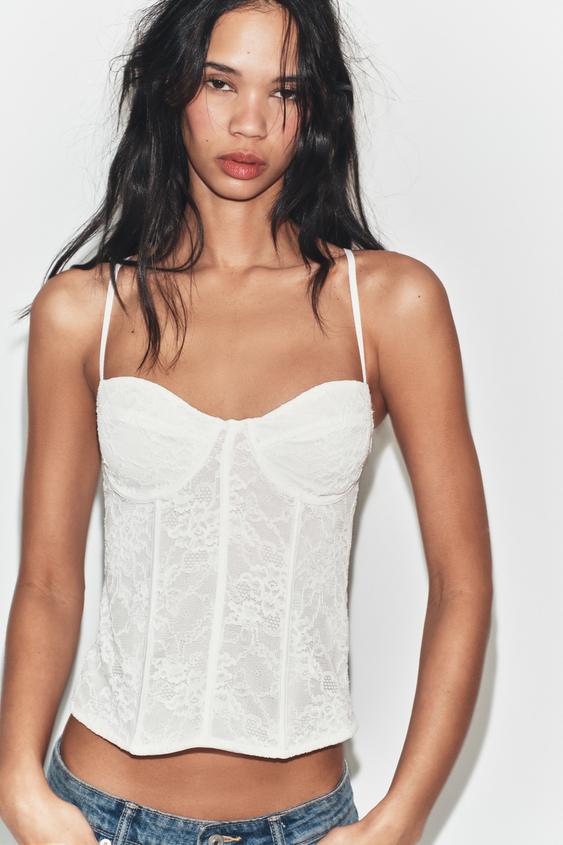 TOP CORSETRY-INSPIRADO COM RENDA - Branco-marfim da Zara - Imagem 0