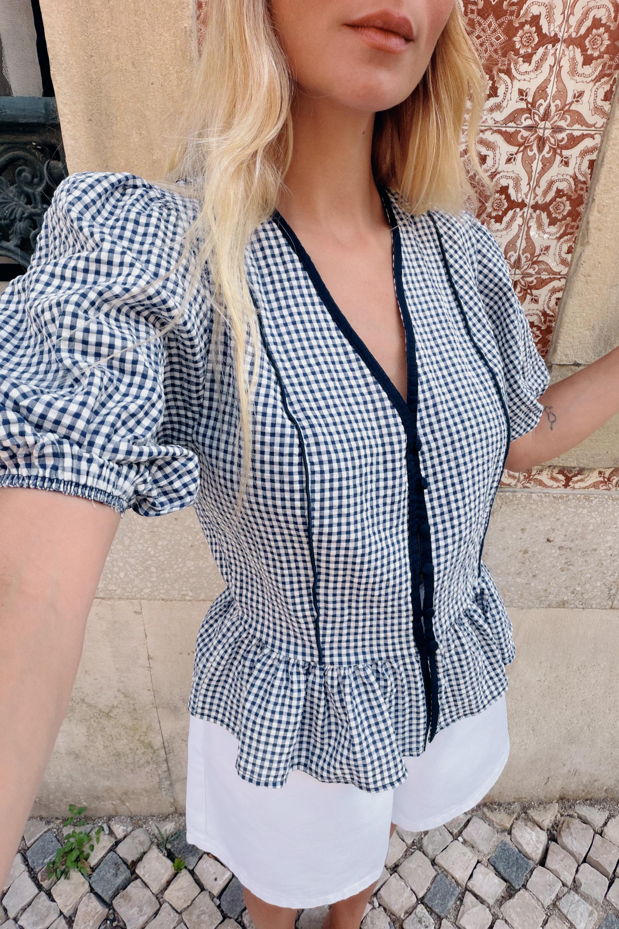 GINGHAM PEPLUM BLOUSE — Navy / White