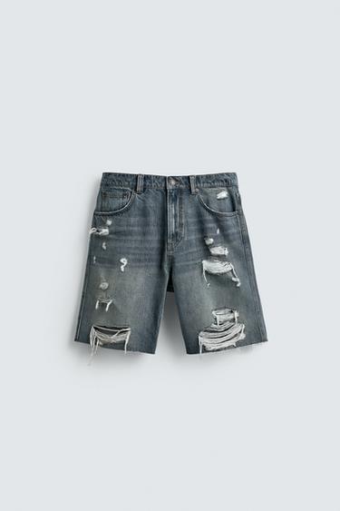 RIPPED DENIM BERMUDA SHORTS - Blue / Green by Zara