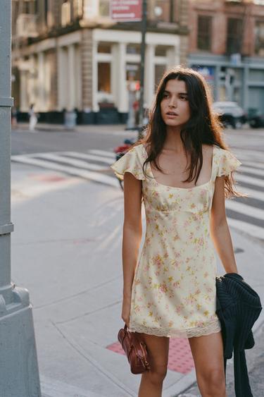Zara FLORAL SATIN SHORT DRESS - Soft gold