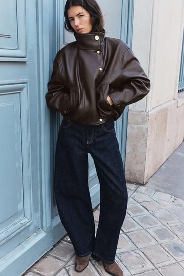 FAUX LEATHER HIGH-NECK BOMBER JACKET — Brown 1