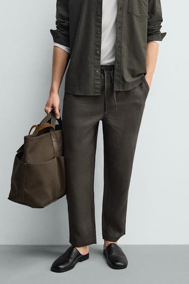 بنطلون RELAXED FIT 100% كتان - أخضر داكن الخاص بـ Zara