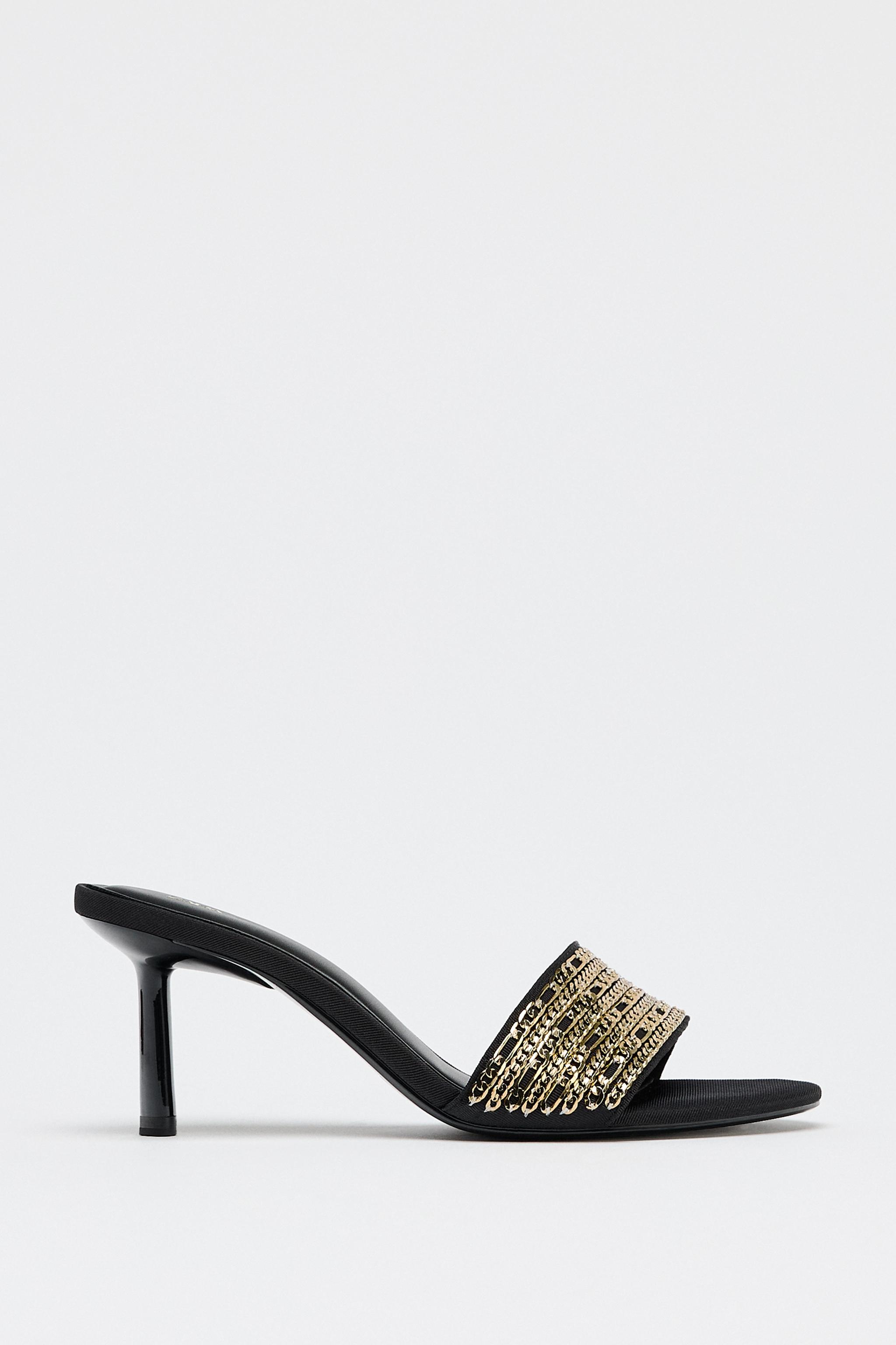 らふらん CHAIN DETAIL MID-HEEL SANDALS - Black | ZARA United Kingdom