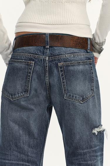 Zara TRF MID-RISE RIPPED STRAIGHT JEANS - Navy blue