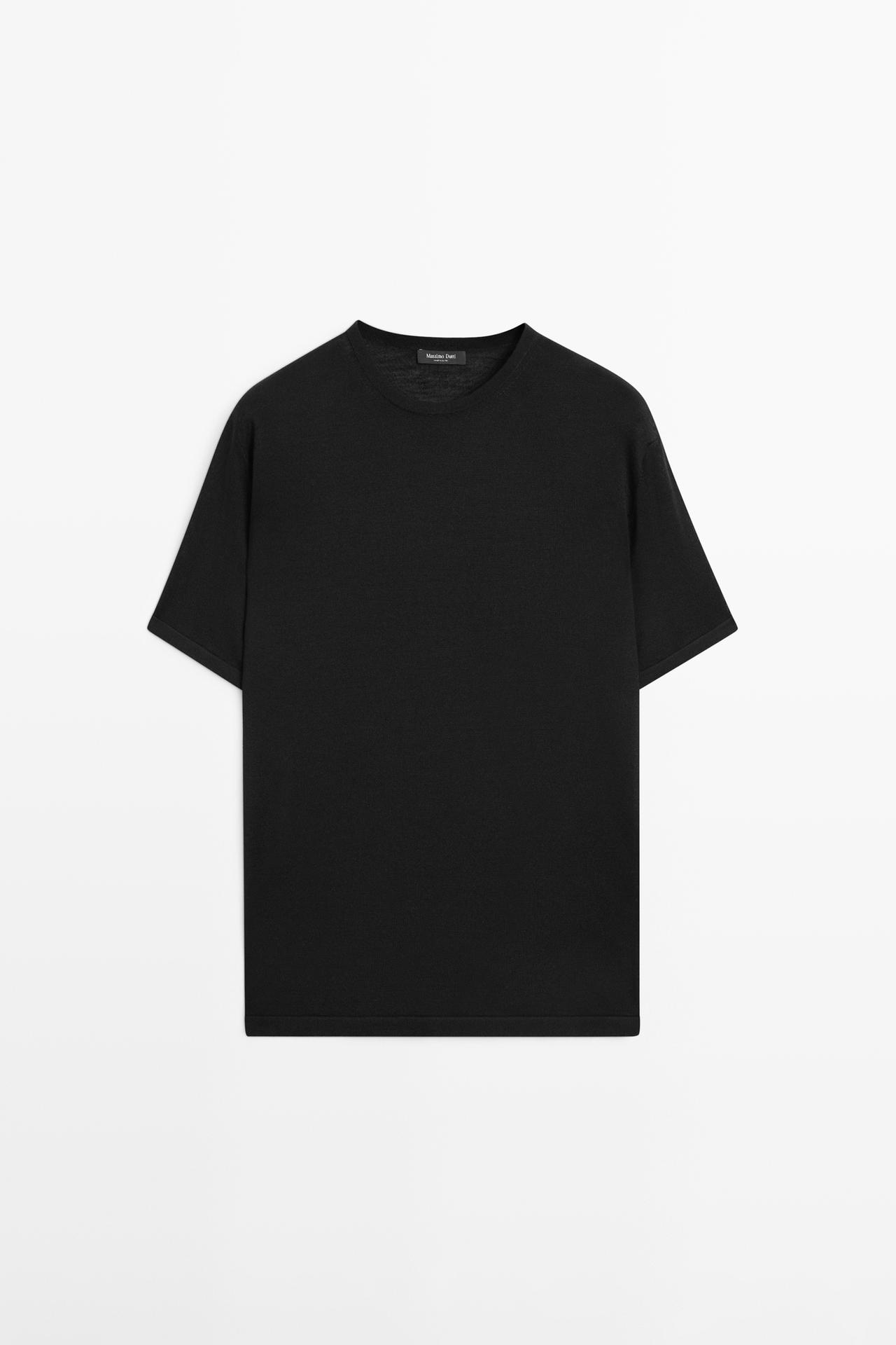 Wool-blend short-sleeve knit sweater — Black
