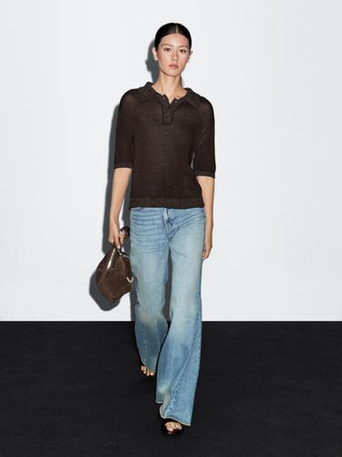 Jersey polo cuello contraste - Chocolate de Zara