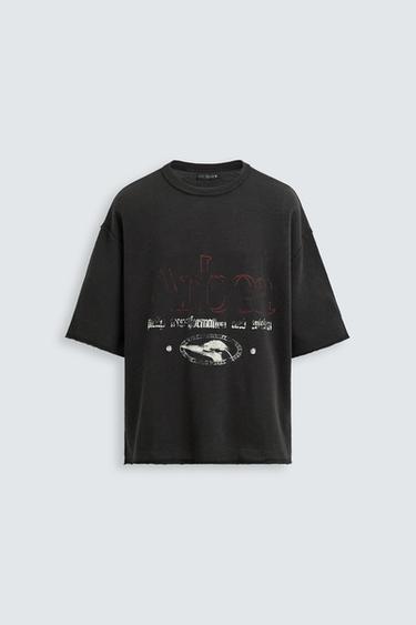 Zara WASHED PRINTED KNIT T-SHIRT - Black