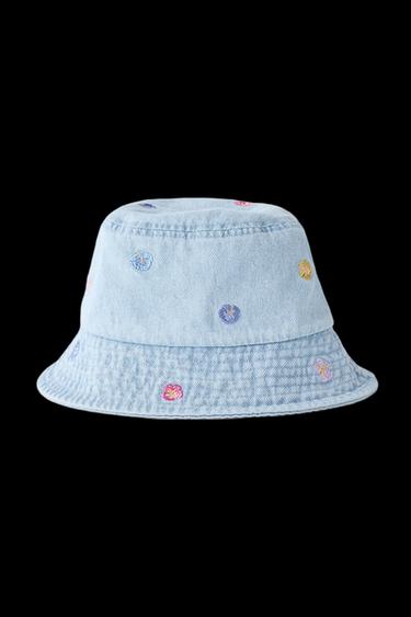 Zara EMBROIDERED FLORAL DENIM BUCKET HAT - Blue