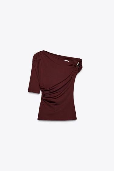 Zara ASYMMETRIC POLYAMIDE TOP - Maroon
