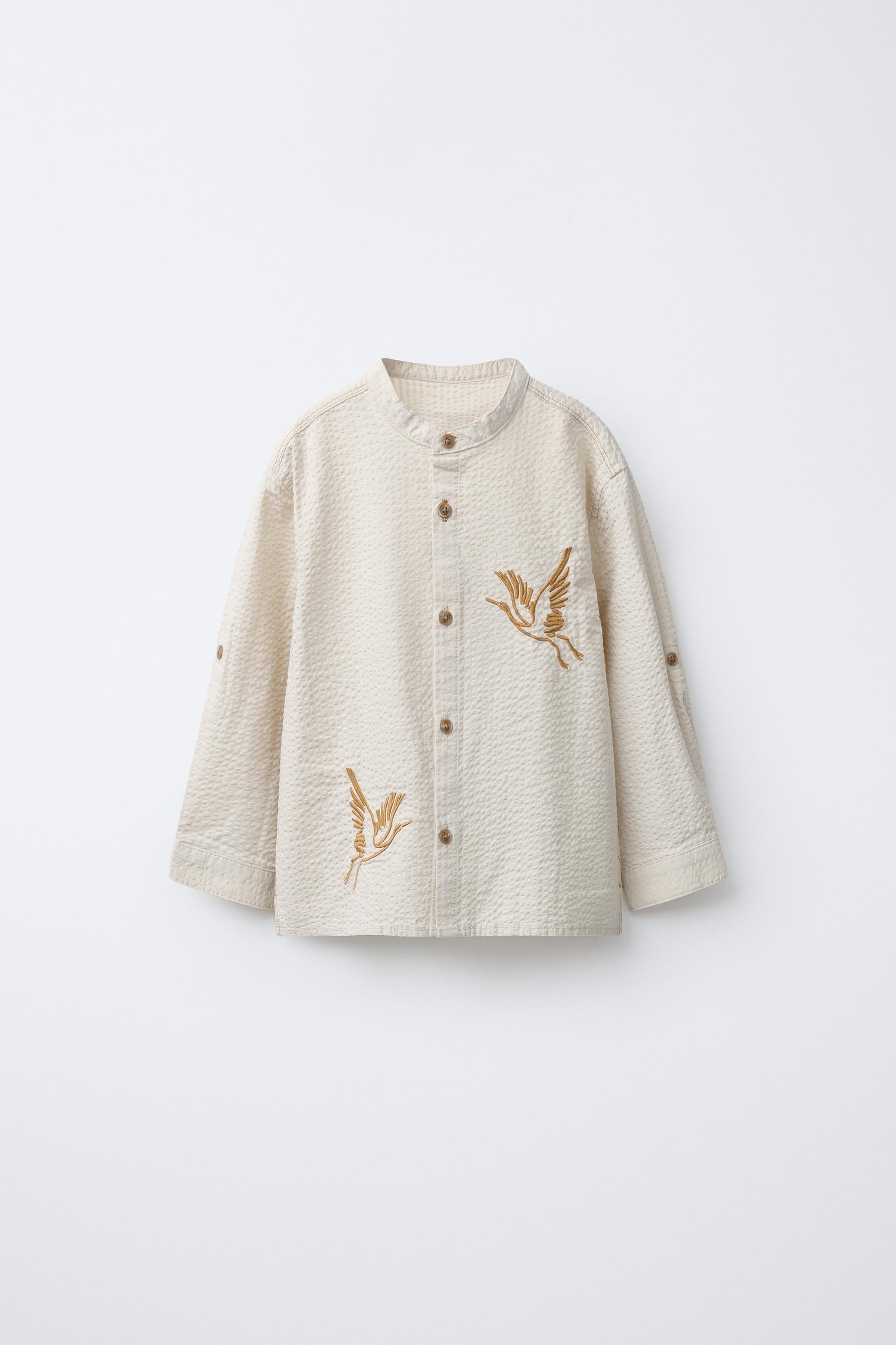 EMBROIDERED BIRD SEERSUCKER MANDARIN COLLAR SHIRT