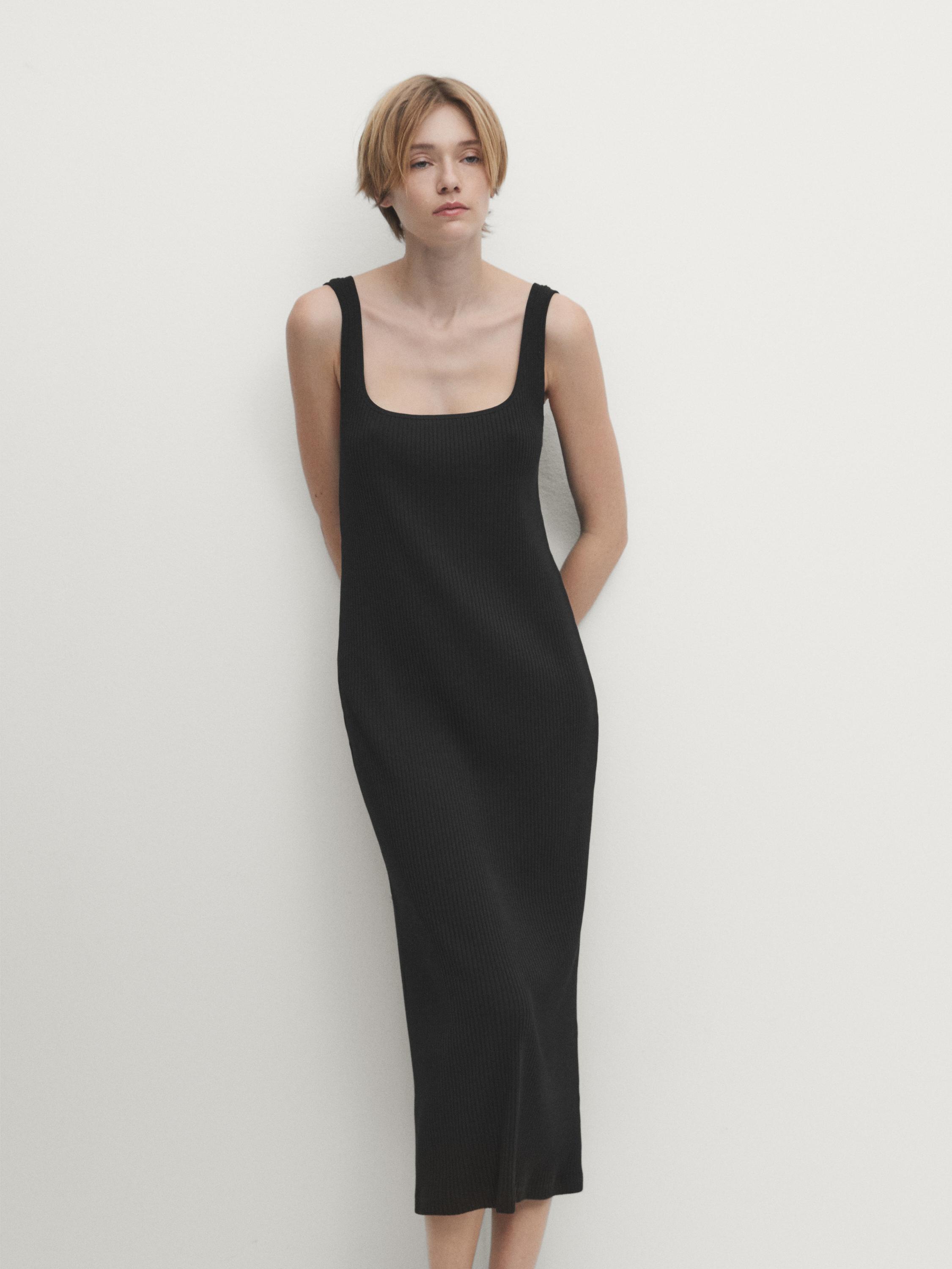 Ribbed midi dress with square neckline Navy blue ZARA United States