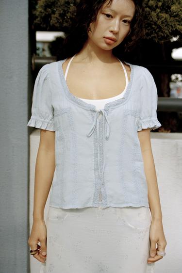 EMBROIDERED GAUZE SHIRT - Pastel blue by Zara