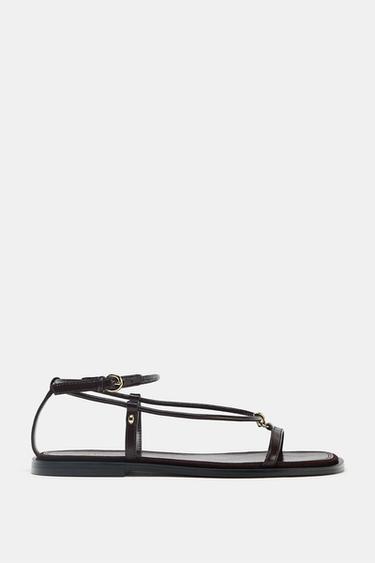Zara LEATHER THIN STRAP SANDALS - Brown