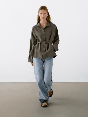 Zara Linen blend stand collar jacket - Black gold - Image 0