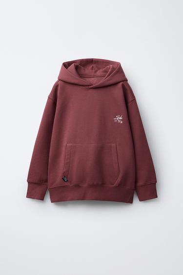Zara EMBROIDERED TEXT HOODIE SWEATSHIRT - Coral