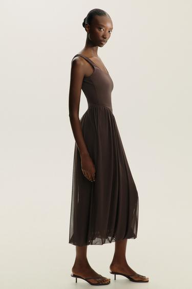 Zara COMBINATION TULLE DRESS - Dark brown