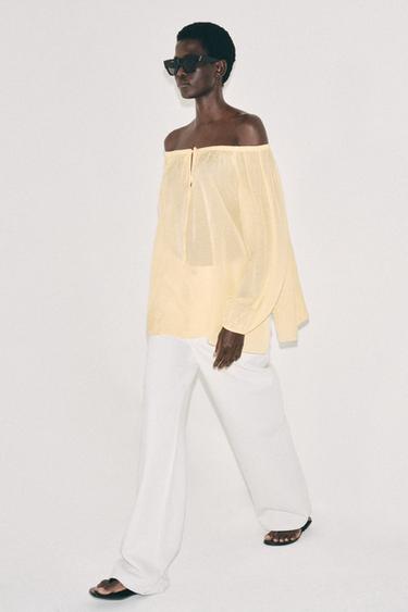 Zara LINEN BLEND BLOUSE ZW COLLECTION - Pastel yellow