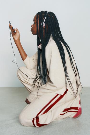 WIDE-LEG TROUSERS WITH CONTRAST STRIPES - Sand / Marl by Zara