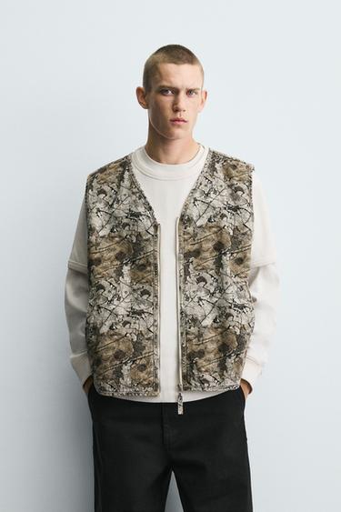 Zara ABSTRACT PRINTED QUILTED VEST - Ecru