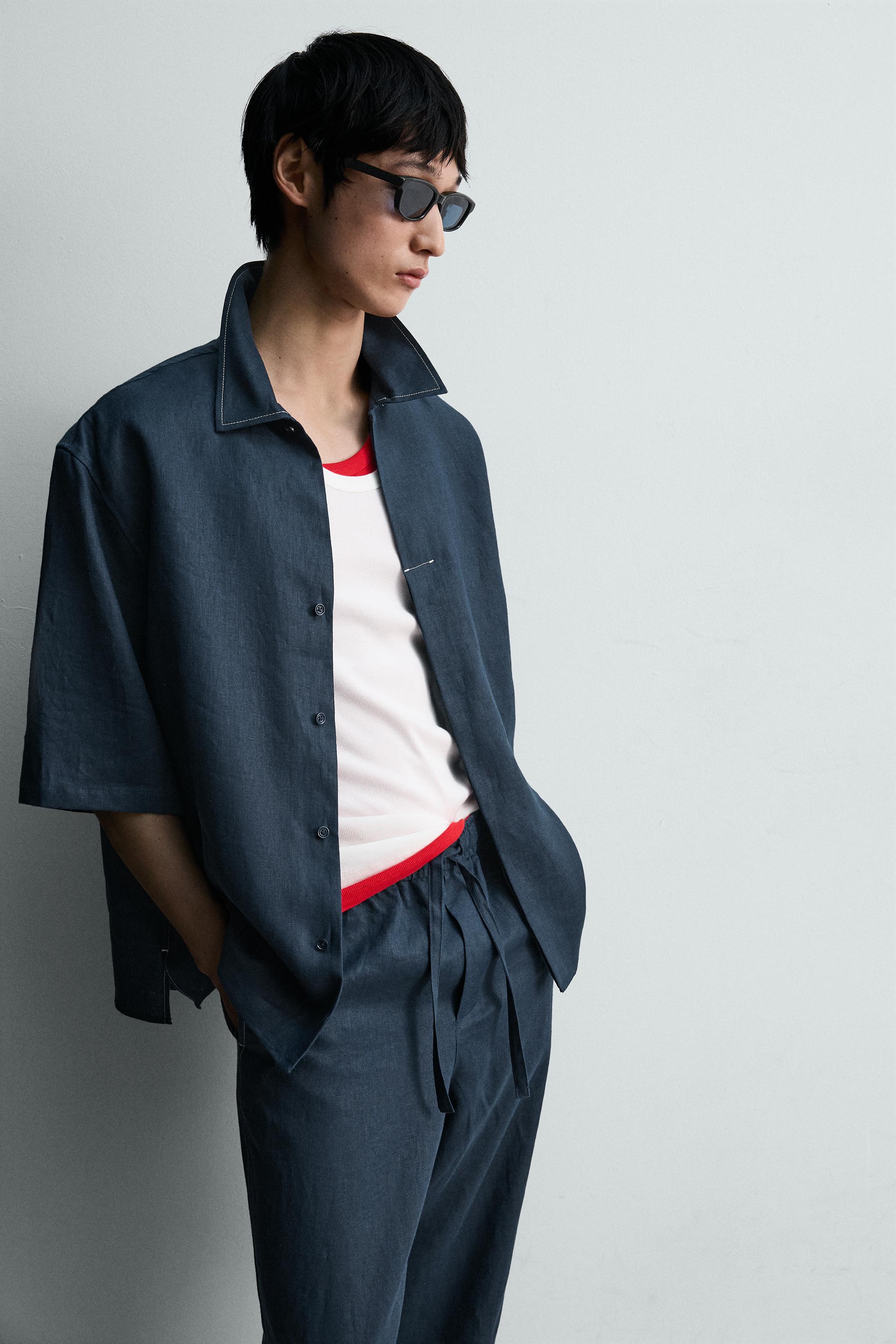 コントラストステッチ 100% リネンシャツ - インディゴブルー | ZARA
