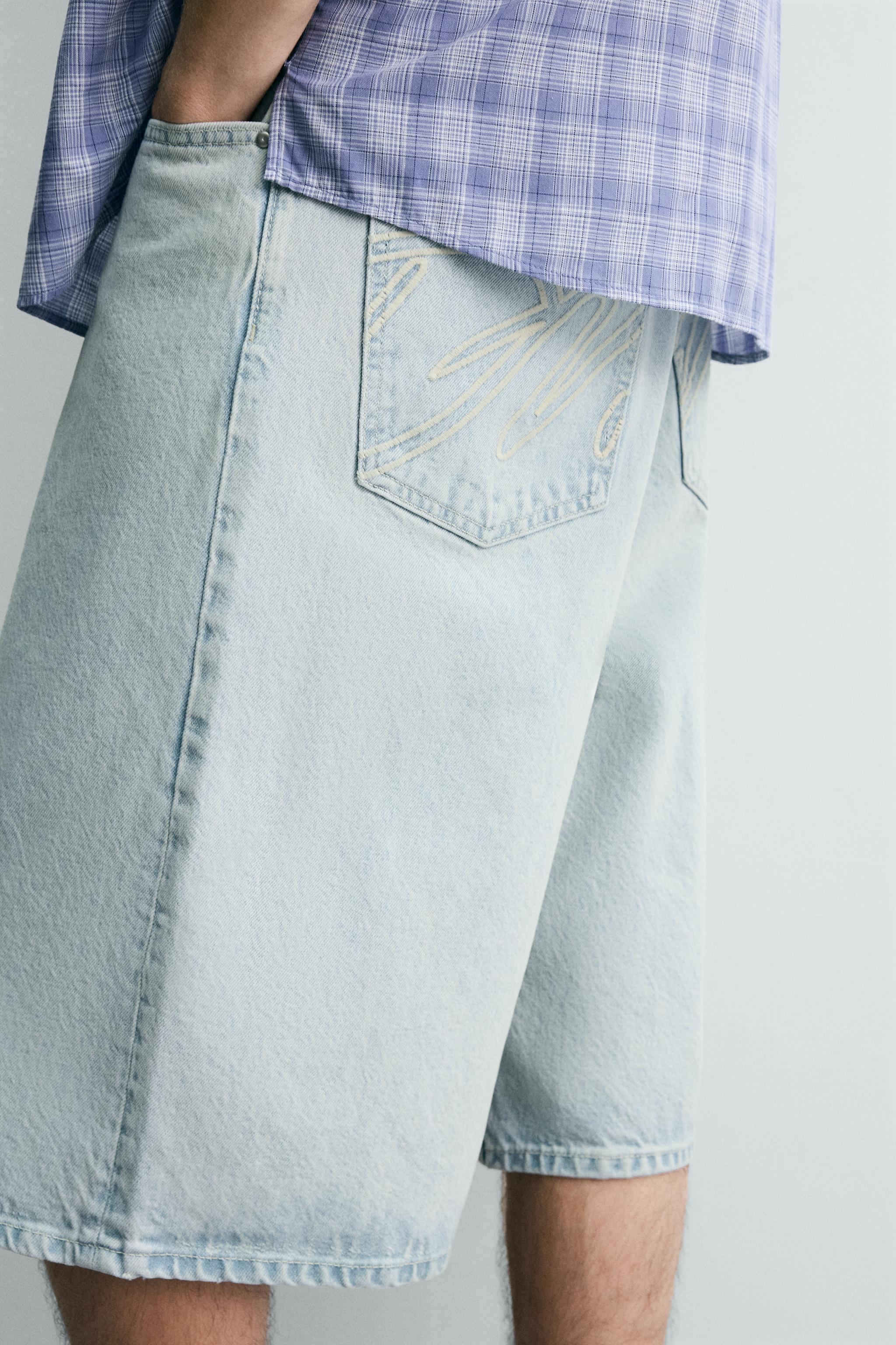 EMBROIDERED BAGGY FIT DENIM JORTS