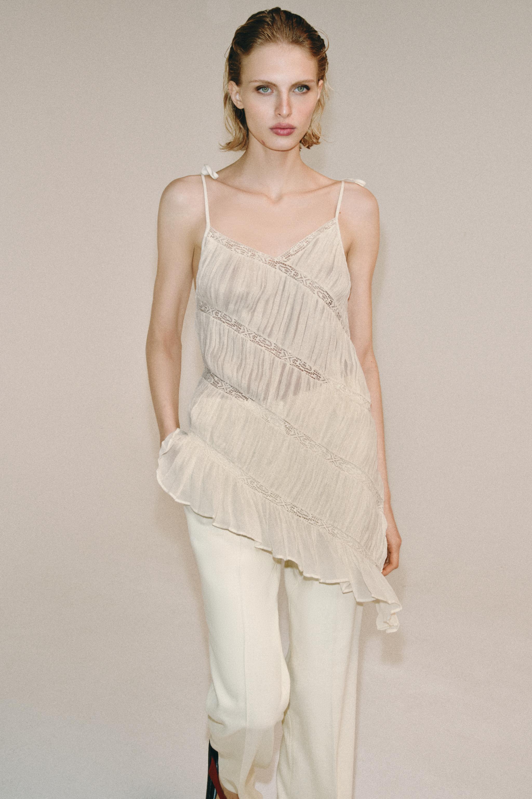 ZW COLLECTION ASYMMETRIC PLEATED TOP - Ecru | ZARA United States
