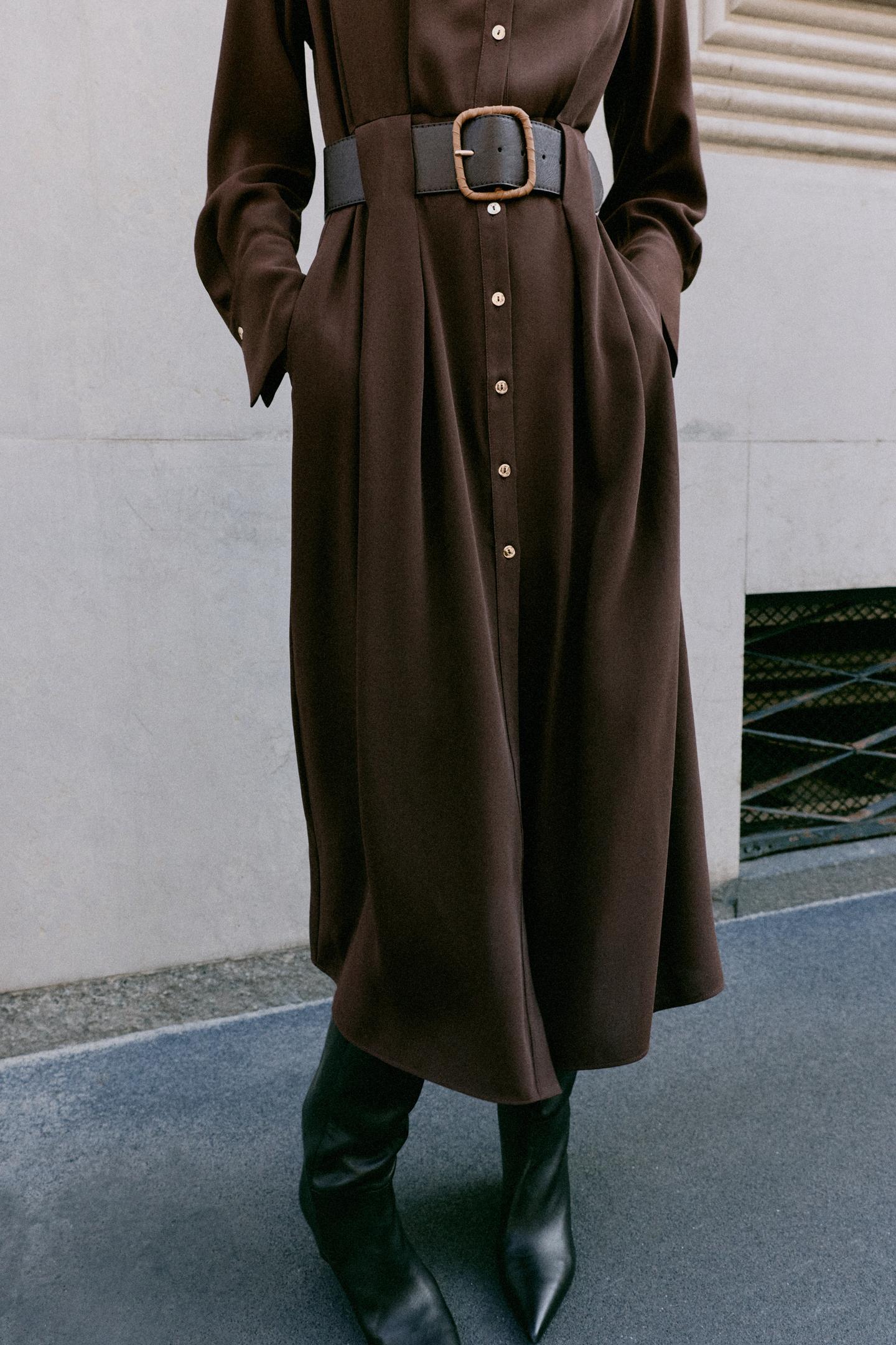 Женское платье Zara Belted MIDI Shirt Dress, цвет: Коричневый — фото 5