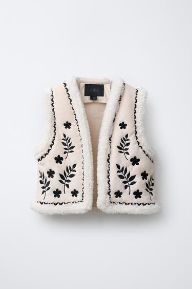 FAUX SUEDE WAISTCOAT WITH FAUX SHEARLING EMBROIDERY - Ecru / Black by Zara - Image 0