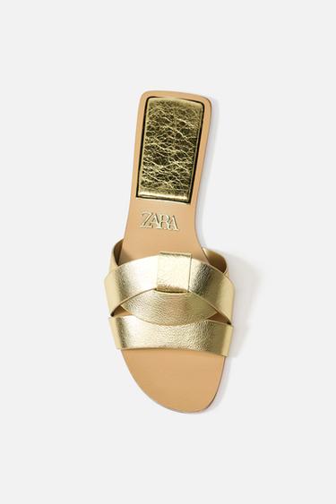 Zara FLAT CROSSED LEATHER SANDALS - Gold