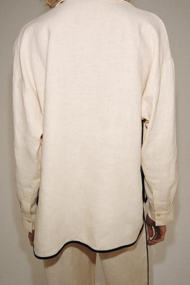 Zara 100% LINEN PIPED TRIM SHIRT ZW COLLECTION - Beige