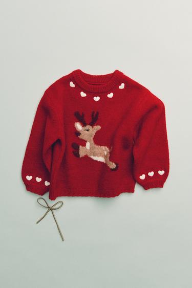 Zara REINDEER PRINT KNIT JUMPER  - Red