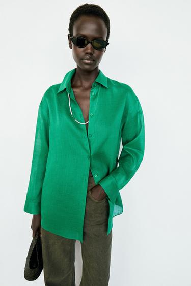 Zara 100% ramie flowing long shirt - Green