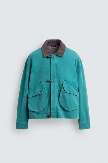 КУРТКА BOXY FIT С НАКИДКОЙ И ЗАСТЕЖКАМИ — ЗЕЛЕНОВАТО-СИНИЙ от Zara