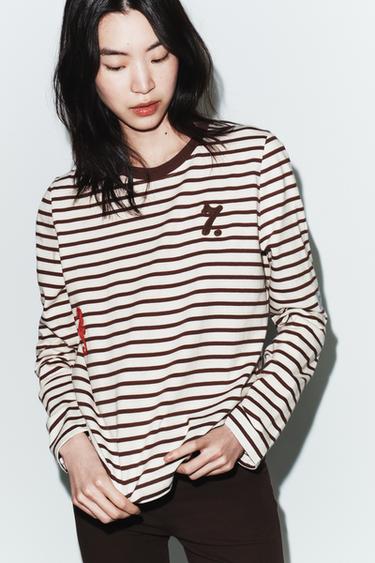 STRIPED EMBROIDERED T-SHIRT - Brown Stripes by Zara