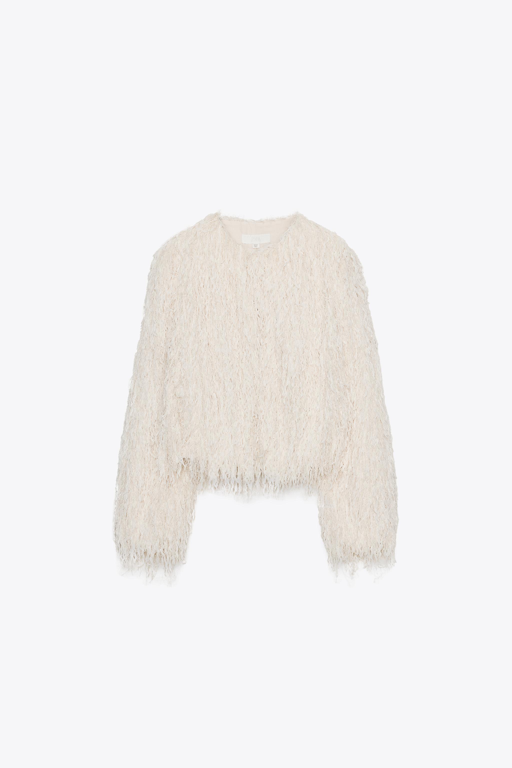 ZARA ホワイトファーショートジャケット Lサイズ ZARA ショート丈フェイクファージャケット - メルカリ