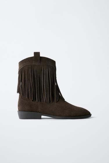 LEATHER COWBOY ANKLE BOOTS WITH FRINGES - Brown by Zara - Image 0