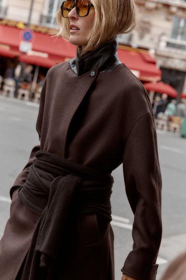 COAT WITH COMBINED LEATHER EFFECT COLLAR - Brown by Zara - Image 7