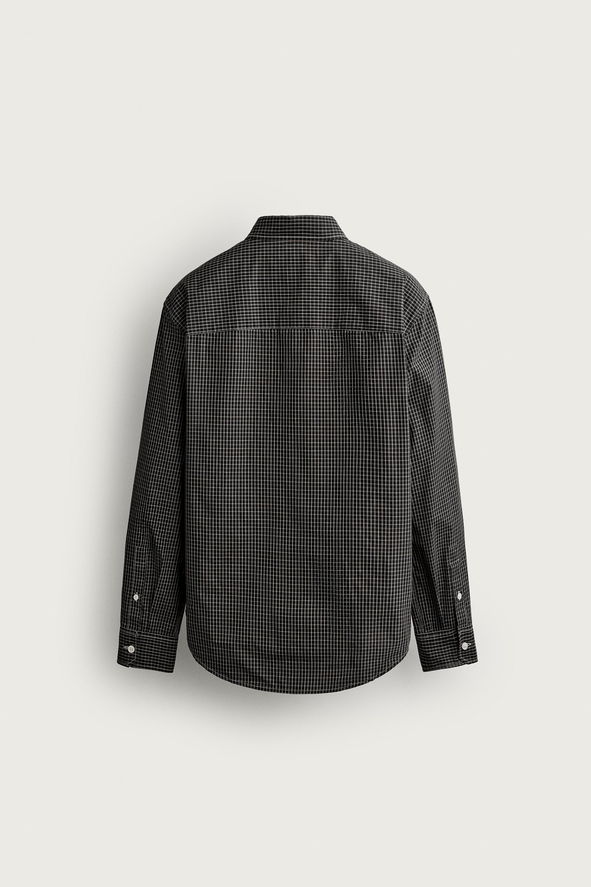 CONTRAST STITCH PLAID SHIRT — Black