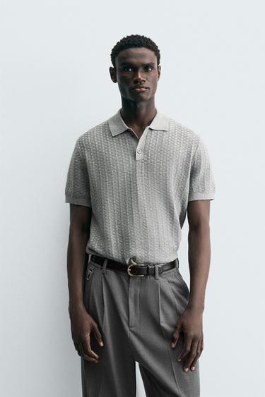 Zara TEXTURED KNIT POLO SHIRT - Gray marl