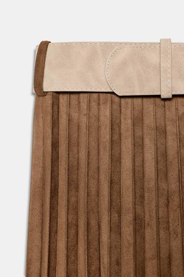 PLEATED FAUX SUEDE MIDI SKIRT WITH BELT - Light brown by Zara - Image 8