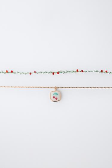 PACK OF TWO BEADED NECKLACES WITH CHERRIES - Green by Zara - Image 2