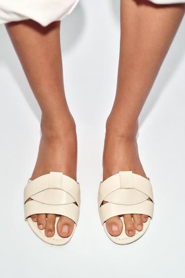 CROSSED FLAT LEATHER SANDALS - White by Zara - Image 0