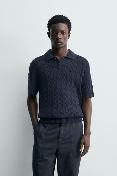 Zara BRAIDED TEXTURED KNIT POLO - Navy blue